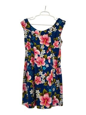 Vintage 60s Ui-Maikai Hawaii Barkcloth Dress Pink Blue Watteau Back Mini Muumuu